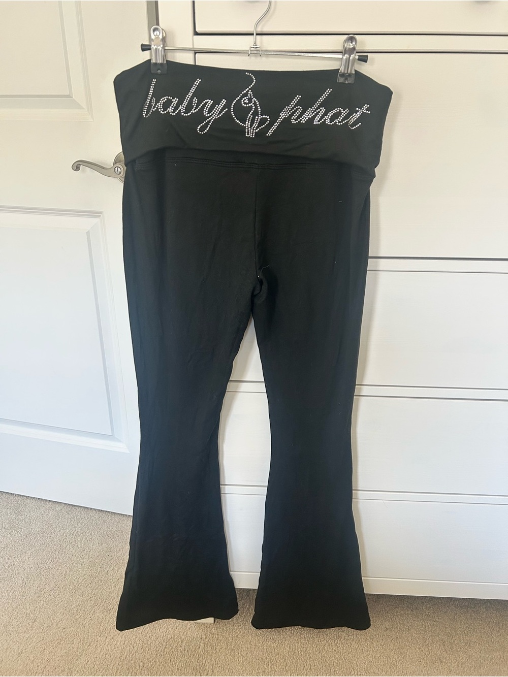 Baby Phat Black Fold-Over Waist Leggings with Rhinestone Script